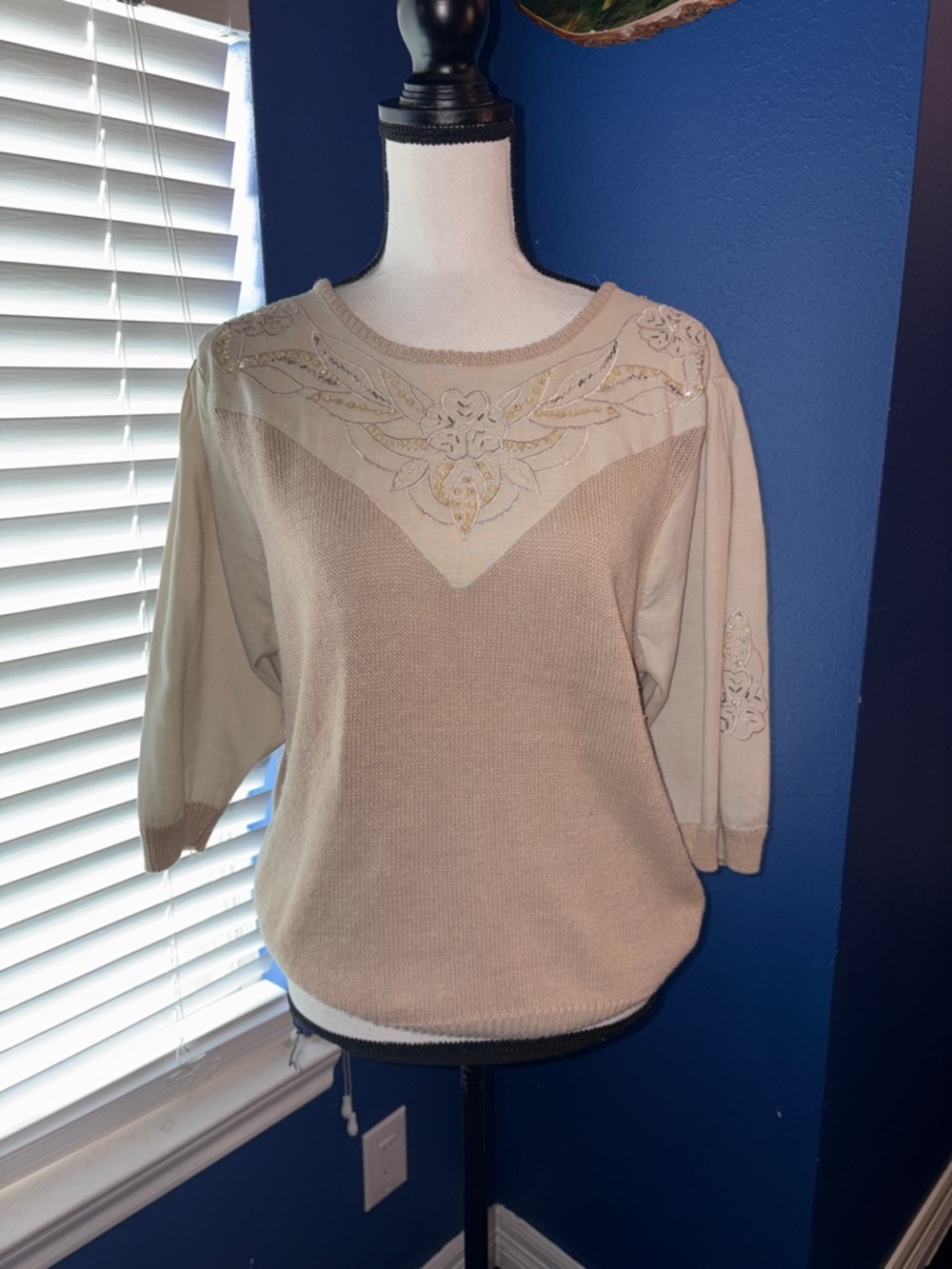 Vintage Shenanigans Cotton & Linen Embroidered Sweater – Cream & Taupe – Size M